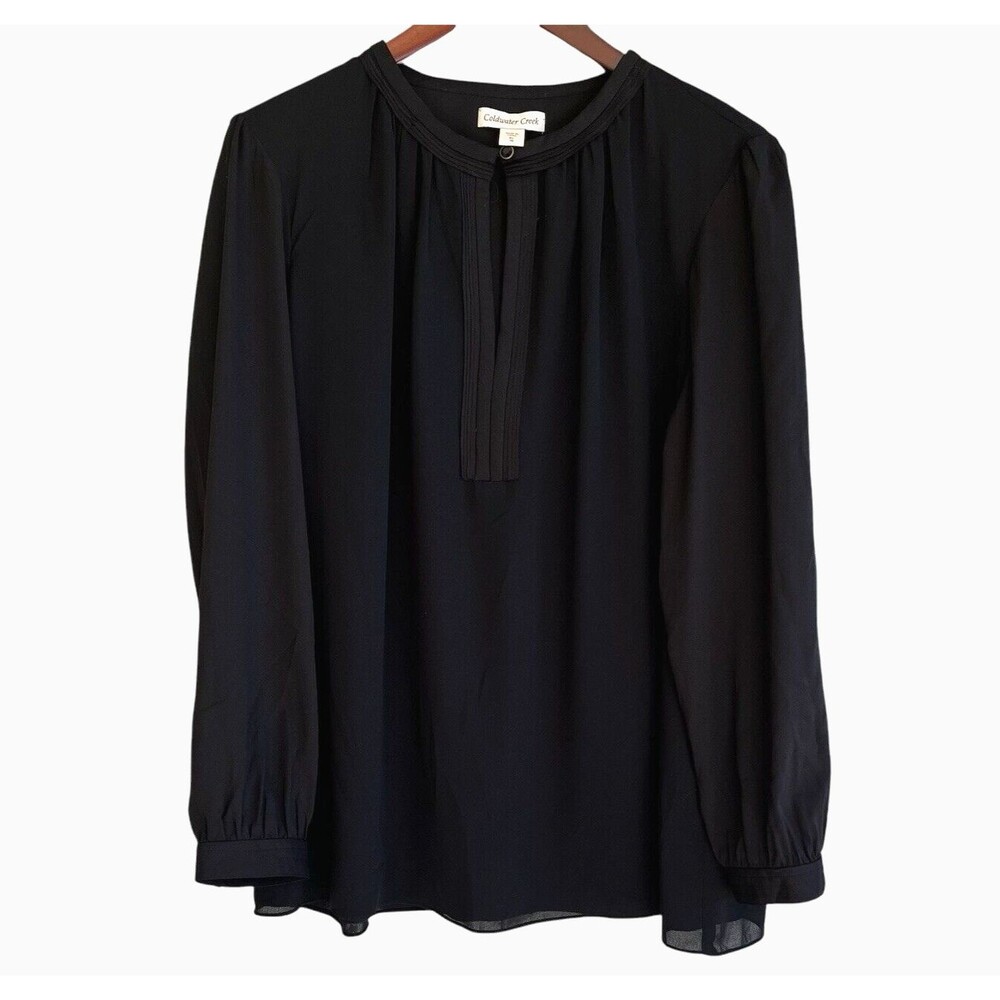 Coldwater Creek Charm Chiffon Blouse Size XL Black Keyhole Neck Minimalist NWT